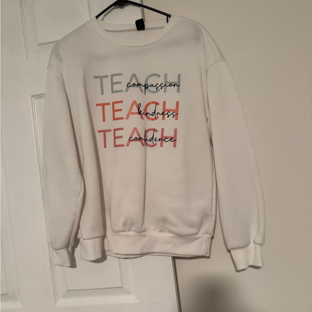 SHEIN White Sweatshirt with Multicolor Teach Print